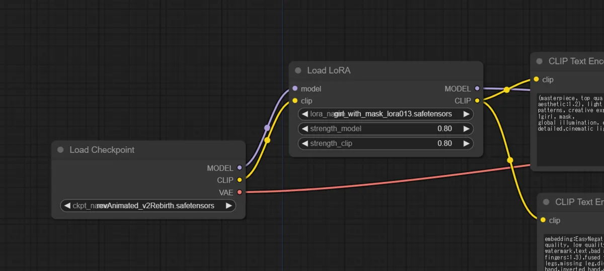 「Load LoRA」ノードを追加する