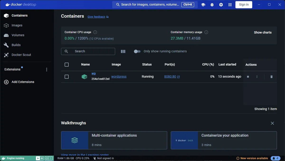 Docker Desktopのダッシュボード。ここから一括管理できる。