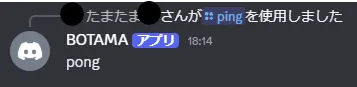 Discord上でのBOTとのインタラクション(pingに対してpongと返す様子)